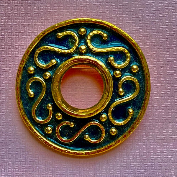 Massive D'ORLAN Gold and Black Enamel Circular Brooch