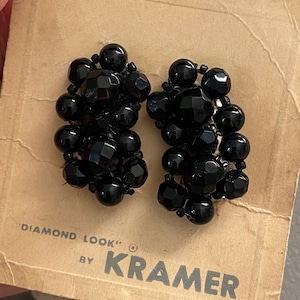 Glamorous 1950s &quot;Diamond Look by KRAMER&quot; Hand Wired Black Glass Beaded Climber Clip-On Earrings Deadstock