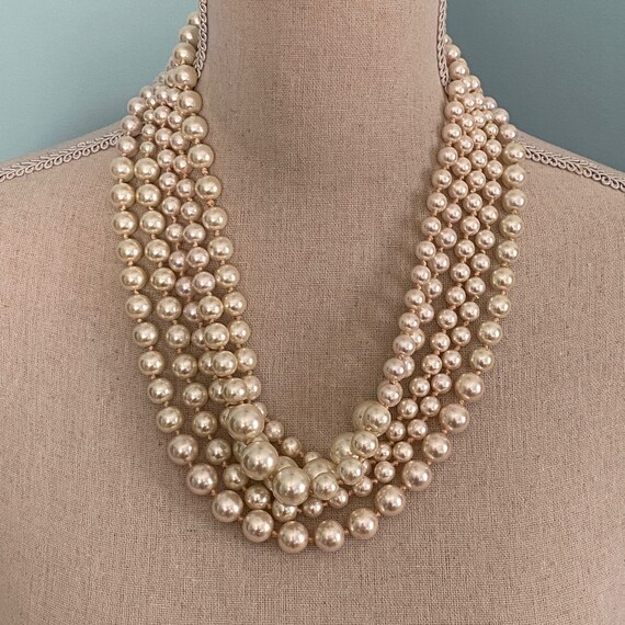 Glamorous 5-Strand Knotted Creamy Glass Pearl Bea… - image 2