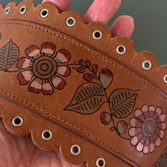 DKNY Thick Floral Painted Boho Belt S Wide 80s DKNY Boho Brown & Colour Dyed Tooled Scalloped  main image 3