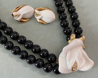 Glamorous KJL for AVON Midnight Rose Lucite and Gold Necklace & Earring Set