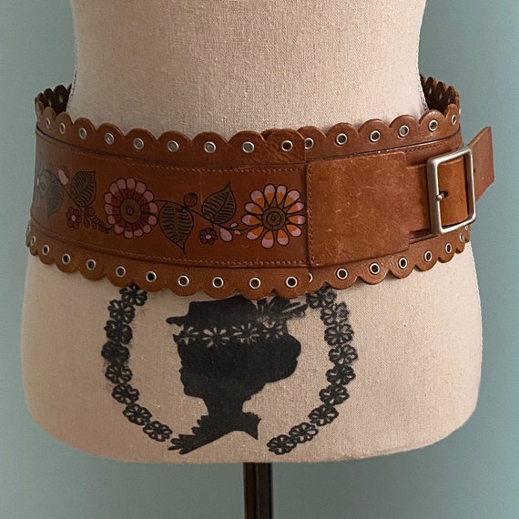 DKNY Thick Floral Painted Boho Belt S Wide 80s DKNY Boho Brown & Colour Dyed Tooled Scalloped  main image 4