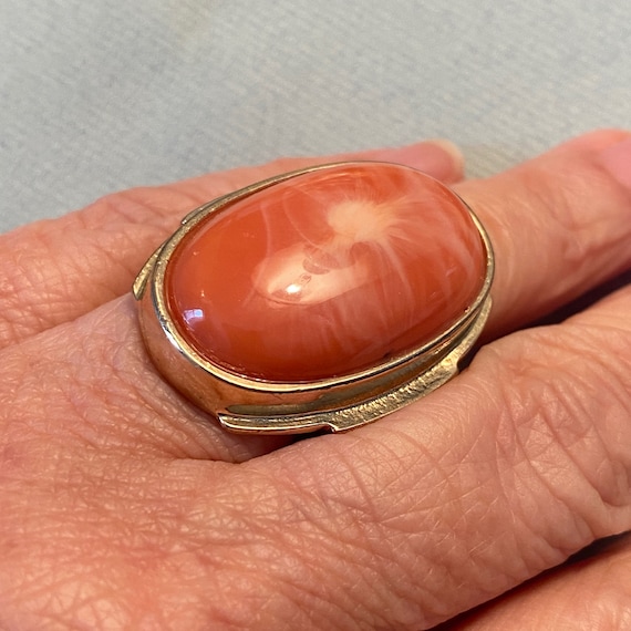 Chunky MCM Gold & Coral Pink Stone Ring - image 2