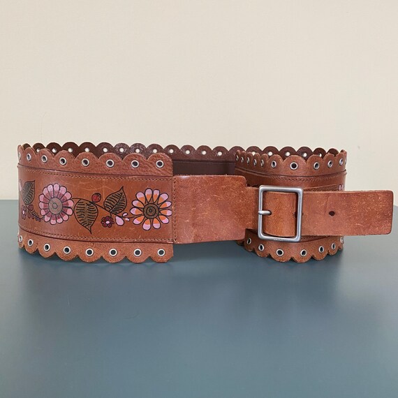Wide 80s DKNY Boho Brown & Colour Dyed Tooled Scalloped 