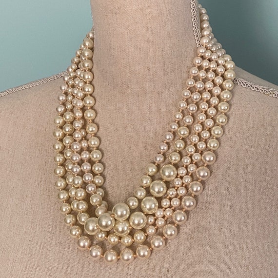 Glamorous 5-Strand Knotted Creamy Glass Pearl Bea… - image 1