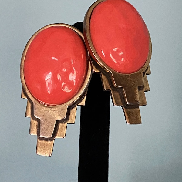 Fabulous LES BERNARD Modernist Brass & Orange Lucite Statement Clip-On Earrings