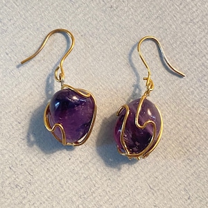 Gold Caged Amethyst Stone Drop Earrings