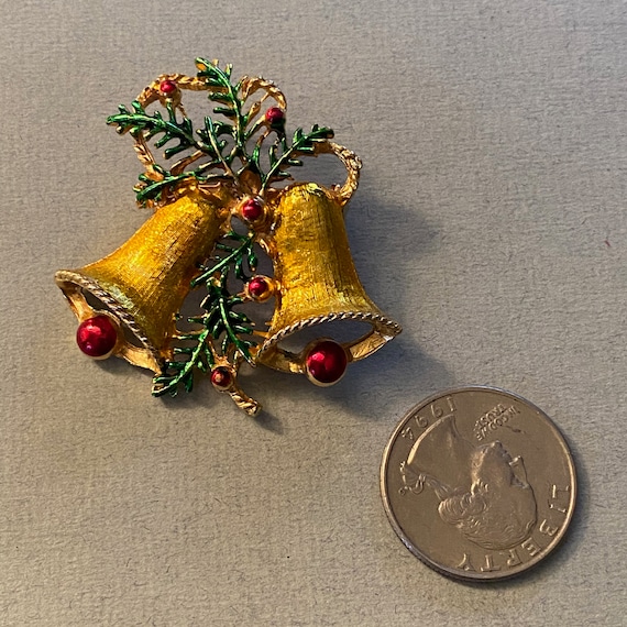 Pretty Golden Bells & Mistletoe Christmas Brooch - image 2