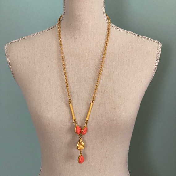Gold Plate & Coral Lucite Buddha Pendant Necklace - image 4