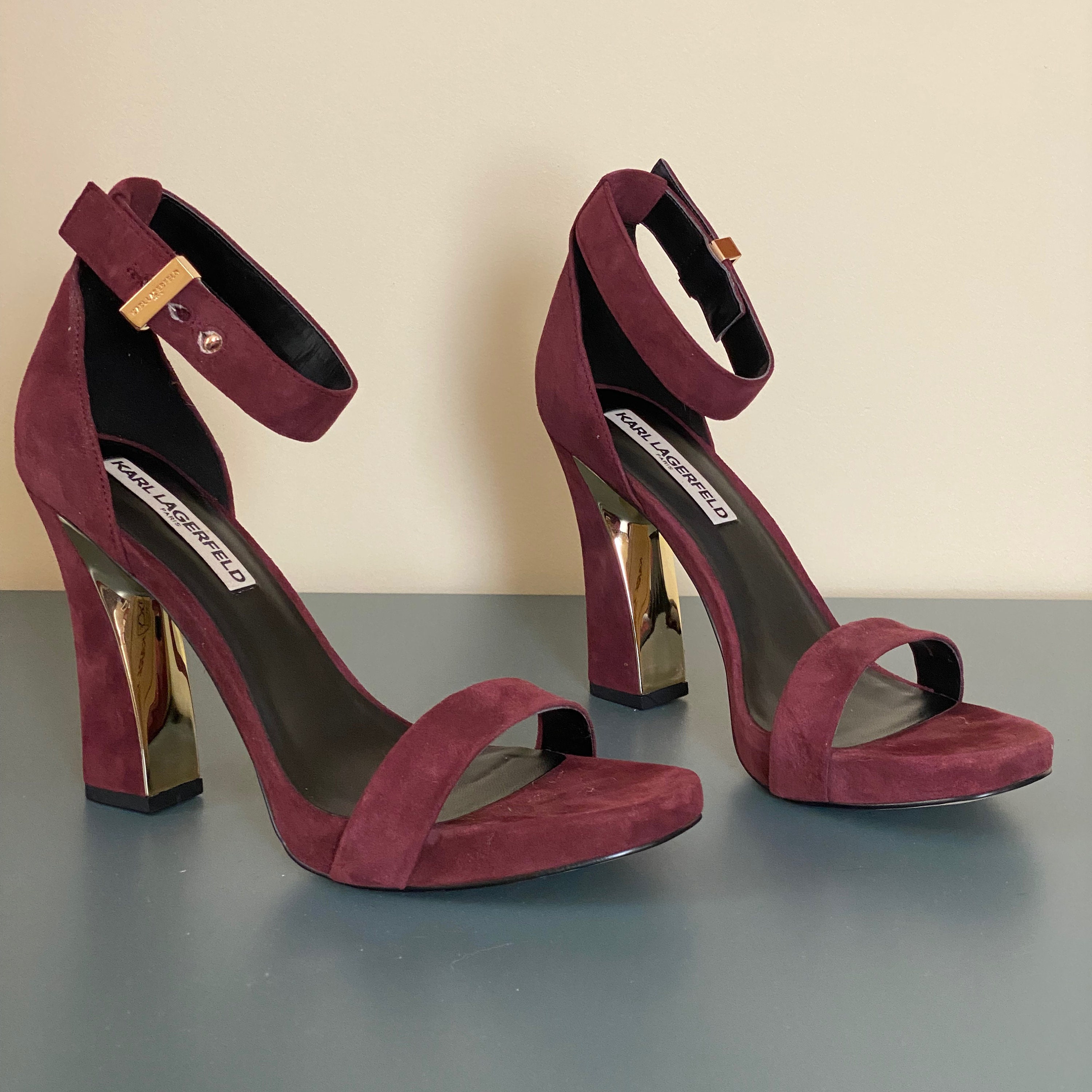 KARL LAGERFELD PARIS Burgundy Suede Ankle Strap Heels (size 