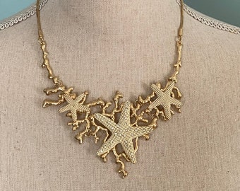 Fanciful White Enamelled, Clear Crystal-Dotted Starfish & Gold Seaweed Coral Branch Bib Necklace