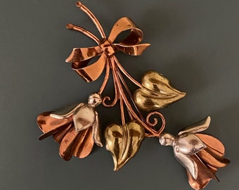 Massive 1940s Mid Century Mixed Pressed Metal Floral Spray Brooch