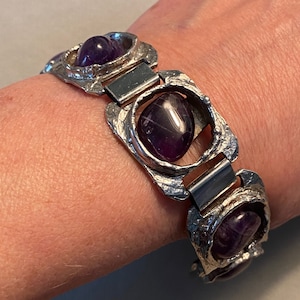 Gorgeous Scandinavian Brutalist Modernist Silver Plated Pewter & Amethyst Stone Link Bracelet