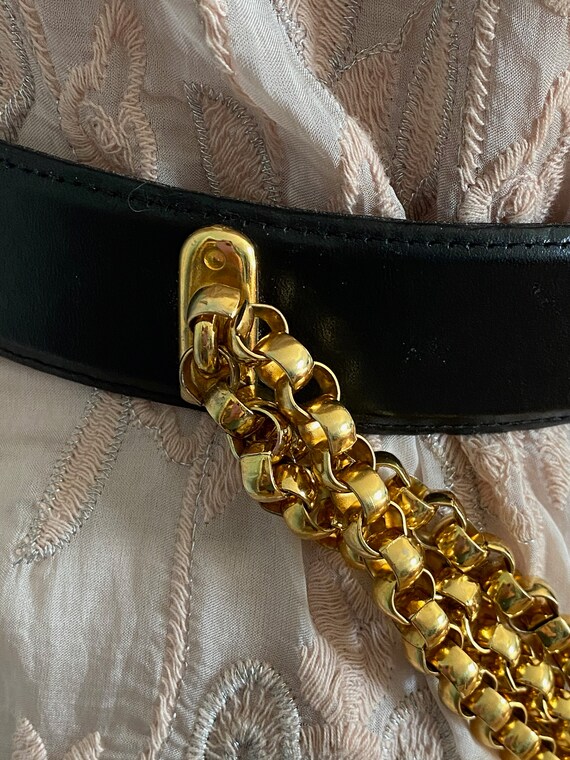 Jill Stuart New York Black Leather Gold Chains Belt Gem