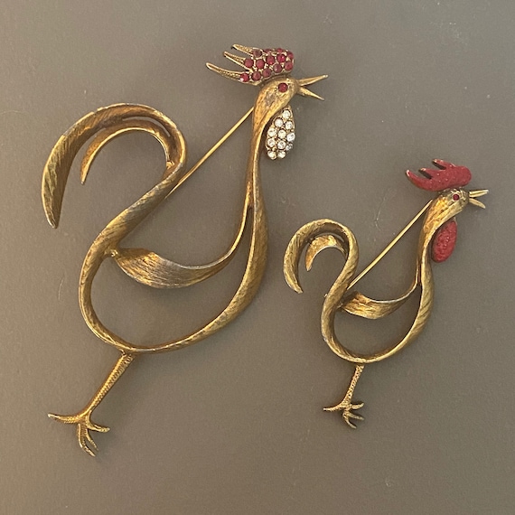 2 JEANNE Gold Enamel & Rhinestone Rooster Cockerel Brooches