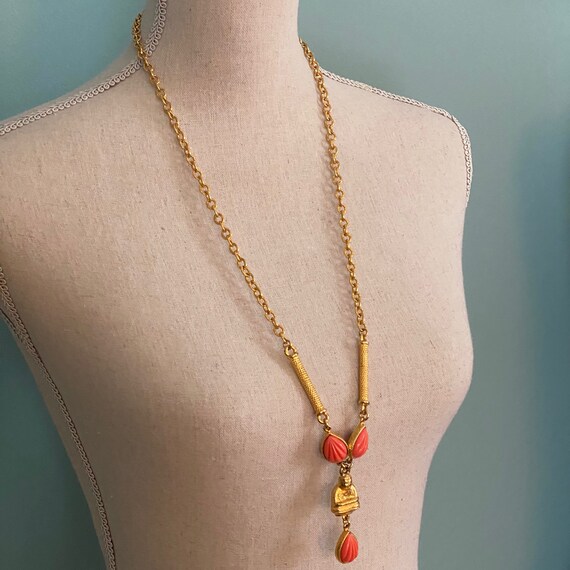 Gold Plate & Coral Lucite Buddha Pendant Necklace - image 5