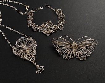 Antique Italian Cannetille Silver Filigree Butterfly/Moth Jewelry Set