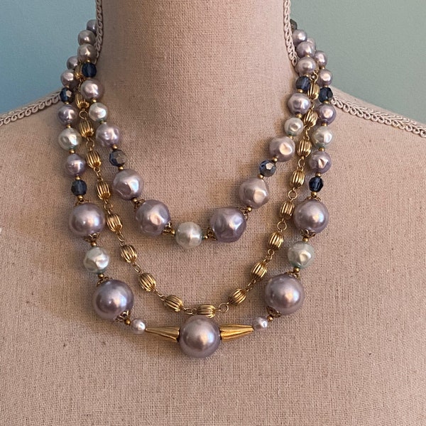 Sumptuous Three Strand Grey Glass Pearl, Smokey Blue Crystal & Gold Bead Necklace