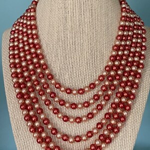 Mid-Century Signed Japan Six-Strand Peach and Rust Glass Bead Necklace