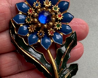 Large 1930s Enamelled Gilt Pot Metal & Coloured Pastes Blue Flower Brooch