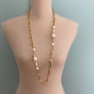 Long SIMON CHANG Matte Gold Link & Cream and Gold Glass and Lucite Bead Necklace