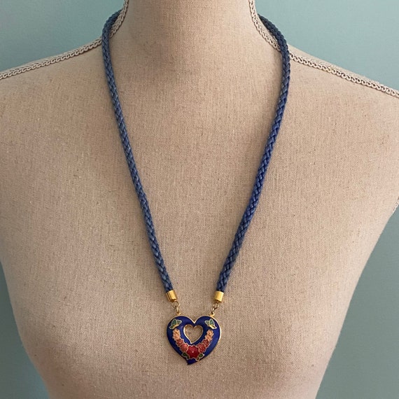 Pretty Cloisonné Heart Pendant on Blue Rope Neckl… - image 3