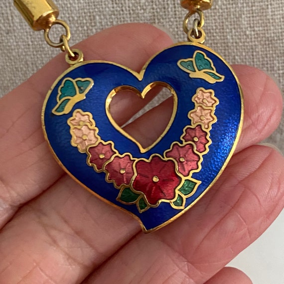 Pretty Cloisonné Heart Pendant on Blue Rope Neckl… - image 1