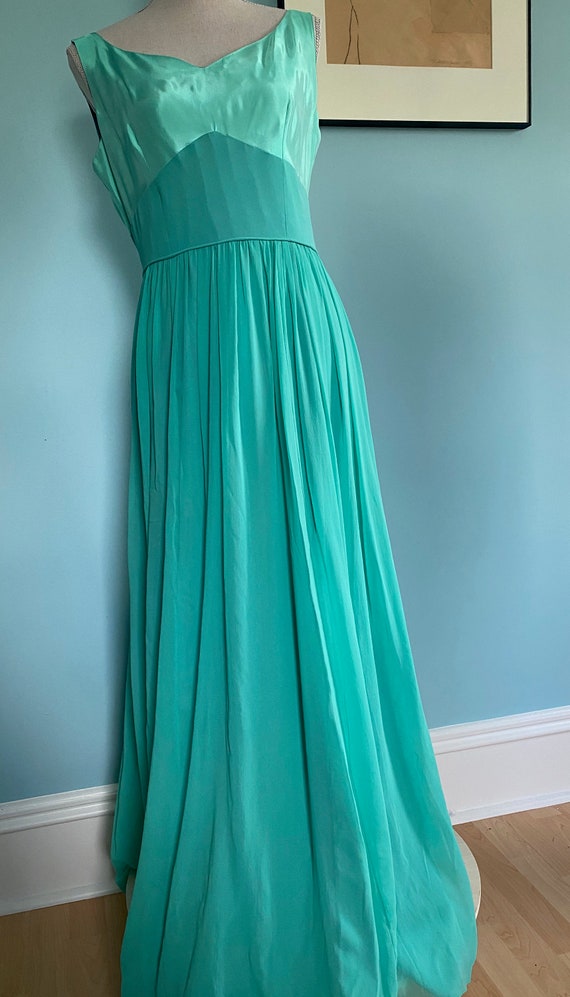 Long 1960s Seafoam Chiffon & Satin Evening Gown S… - image 2