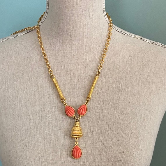 Gold Plate & Coral Lucite Buddha Pendant Necklace - image 3