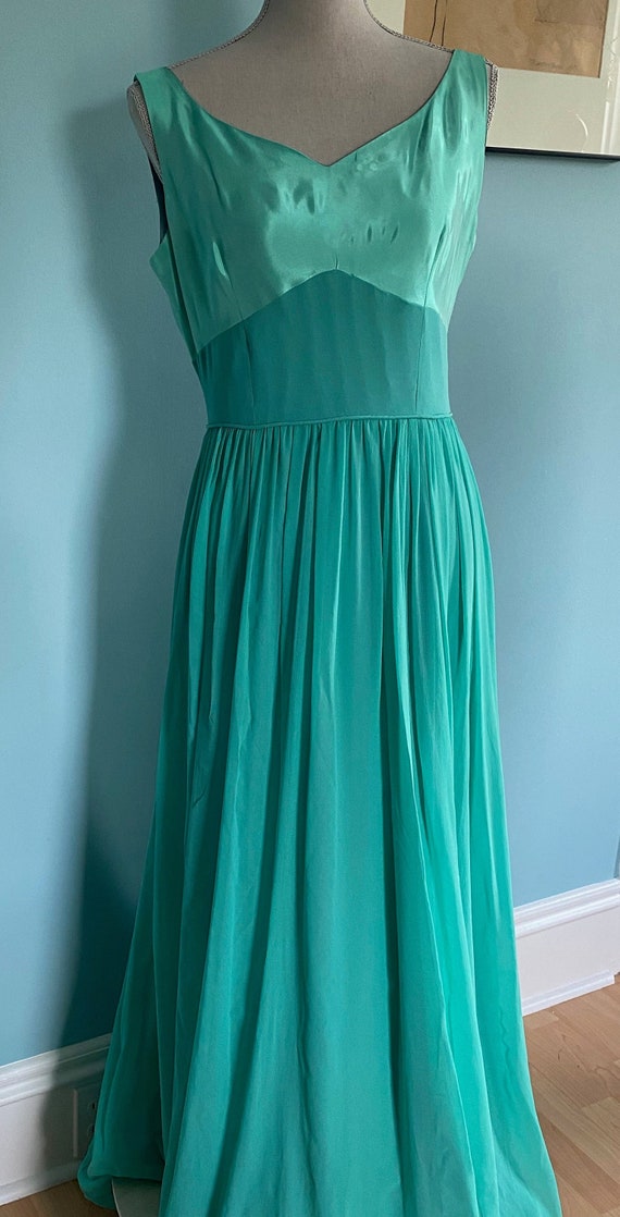 Long 1960s Seafoam Chiffon & Satin Evening Gown S… - image 1