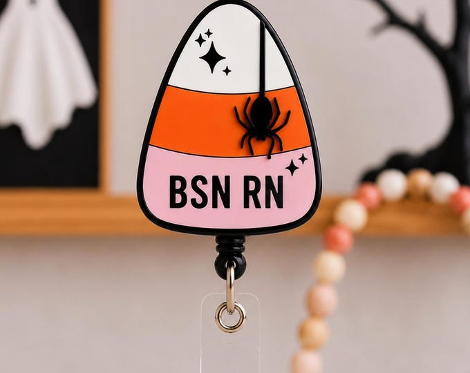 Personalized Candy Corn Badge Reel, Halloween Retractable ID Holder, Custom Nurse Badge Reel