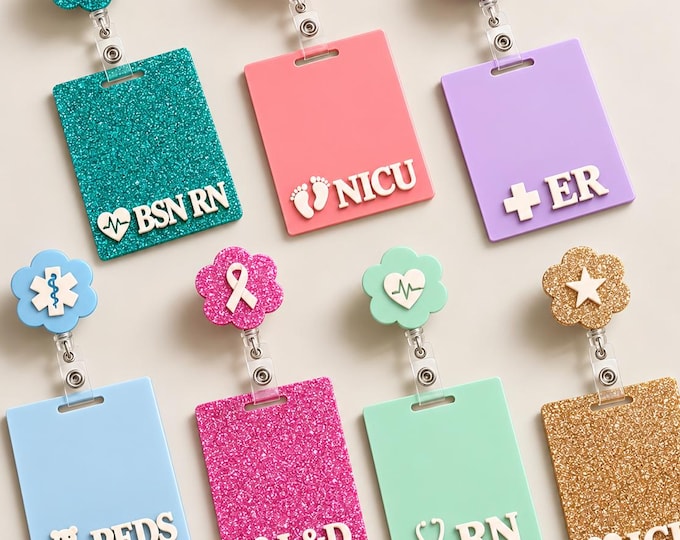 Personalized Nurse Badge Buddy Flower Badge Reel, Acrylic RN Bsn Nicu ER ID Holder, Solid or Glitter Colors