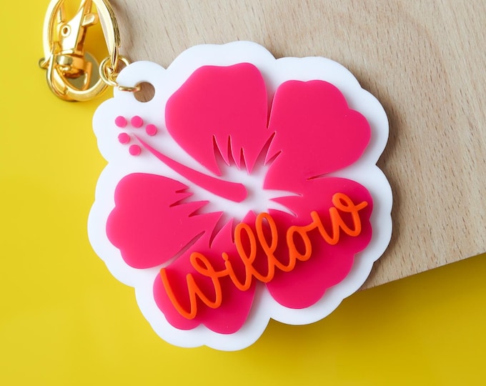 Personalized summer bag tag, Summer name tag, Personalized Hawaiian name tag, Summer vibes keychain, Personalized Summer Gift, Hibiscus tag