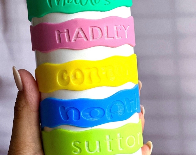 Personalized bottle bands, silicone bands, reusable labels, school, daycare, sports, name bands, custom, waterproof, sippy cup labels, band