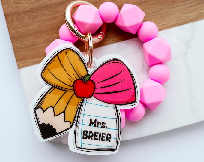 Teacher ID holder, teacher keychain Personalized Teacher Gift Acrylic Keychain, Monogrammed Key Chain, Bow Pencil Keychain with Name