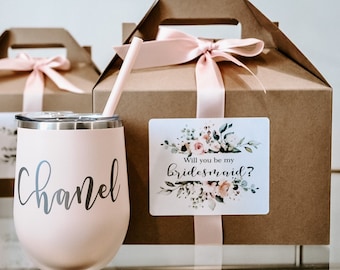 bridesmaid gift, bridesmaid proposal box, bridesmaid gable box, will you be my bridesmaid, personalized wine tumbler, proposal box set