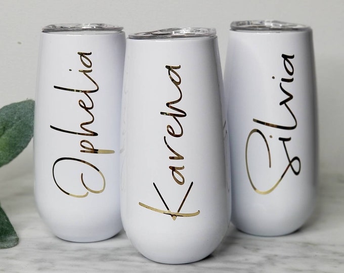 Bridesmaid Gift Ideas, Stemless 6oz Champagne Flutes; Personalized Wine Tumbler, Custom Wine Cup, Bride Stainless Steel, Wedding Party Gift