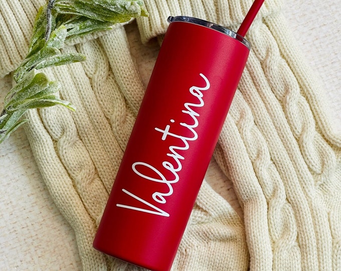 Custom Tumbler with name, Red Tumbler,  cup, Stainless steel Bridesmaid Metal Tumbler, Bridal Party cup, Cup with straw