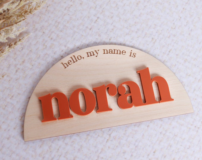 Custom Birth Announcement Hello My Name Is Baby Name Sign | Baby Shower Gift, Hello World, Boho Rainbow Wood Name Sign, Keepsake for Newborn