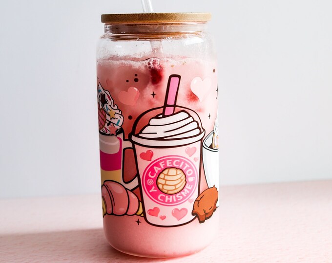 Cafecito y Chisme Cup with Straw, Mexican Pan dulce, Concha, Pan Dulce, Galentines gift, Cafecito y chisme cup, libbey cup, chime glass cup