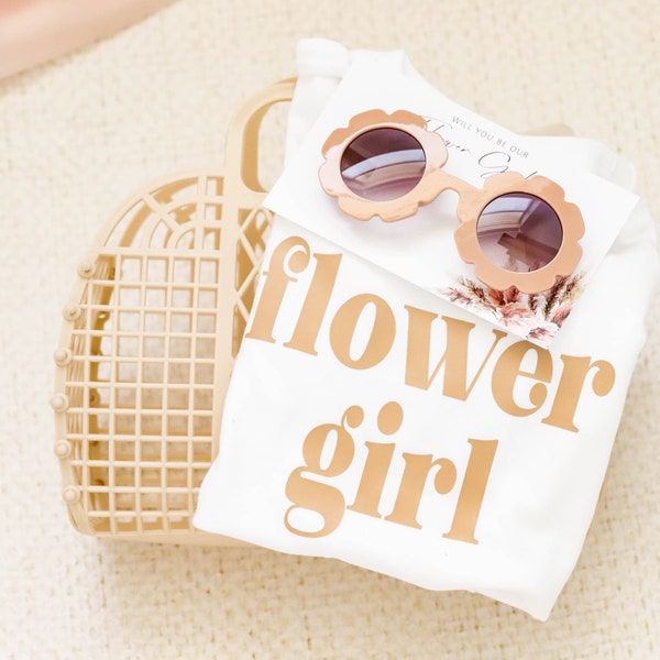 Flower Girl Proposal Set, Flower Girl basket, flower Girl shirt, Flower Girl sunglasses, neutral flower girl gift, Jelly Bag, Green wedding