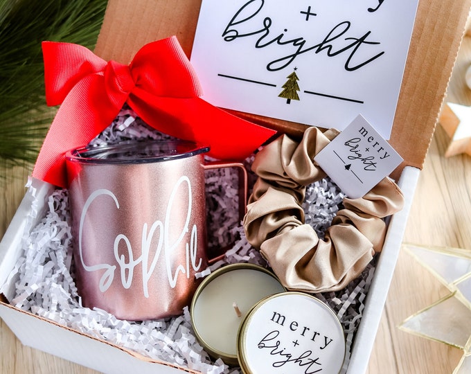 Christmas Box, Christmas custom gift, Christmas appreciation gift, Sober christmas gift, rose gold tumbler, scrunchie gift, Candle gift