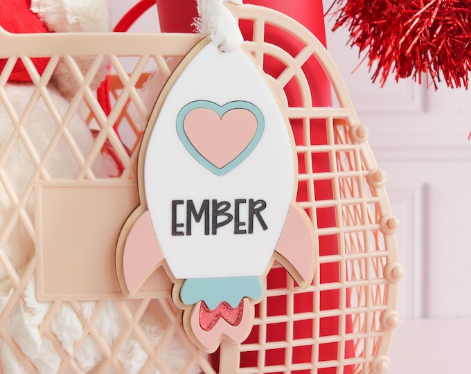Valentine Basket Tags, Valentine Name Tags, Valentine's Day Gift Basket, Rocket Name Tag, Valentine Heart Tag, Personalized Valentine's Tag