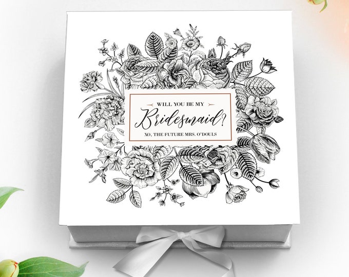 Black and White wedding set, botanical flowers Bridesmaid Proposal Box  Bridesmaid Box  Bridesmaid Proposal- Will You Be My Bridesmaid Gifts