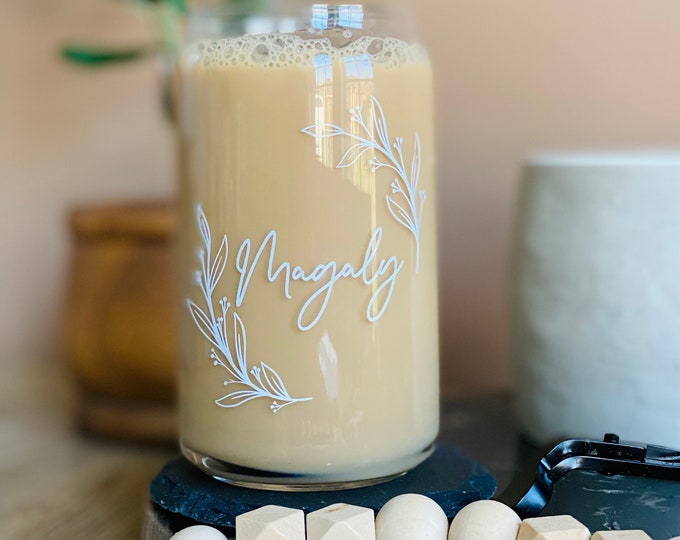 Personalized Floral beer can glass | Floral Glass Cup | Floral leaf beer glass | Boho Iced Coffee Beer Can Glass | Fine Línea Floral Cup