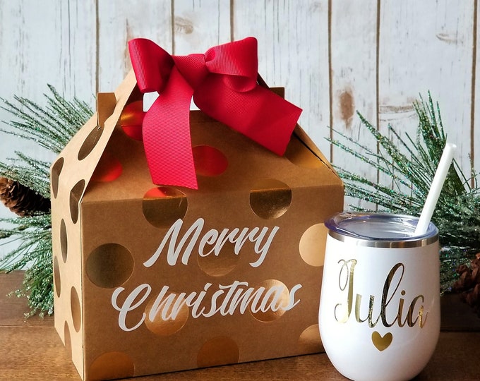 Christmas box, Gable Box, Christmas gable box, gold box, gold polka dot box, personalized gift box, custom gift box with custom ribbon.