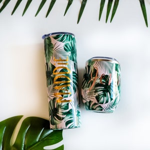 Palm tree destination wedding tropical wedding Pink Banana Leaf Tumbler Palm Leaf Bachelorette Party Gift Tropical Bridesmaid Gift Beach