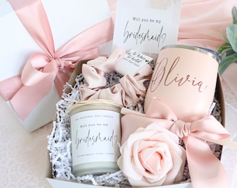 Bridesmaid gifts, bridesmaid proposal, bridesmaid box, bridesmaid proposal box, wedding day gifts, bridal party tumblers, blush gift