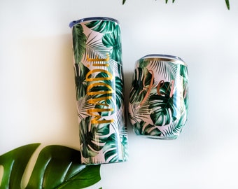 Palm tree destination wedding tropical wedding Pink Banana Leaf Tumbler Palm Leaf Bachelorette Party Gift Tropical Bridesmaid Gift Beach