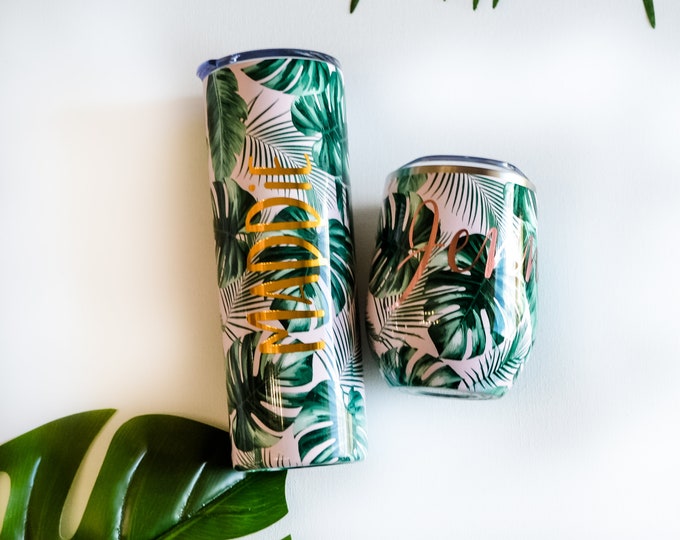 Palm tree destination wedding tropical wedding Pink Banana Leaf Tumbler Palm Leaf Bachelorette Party Gift Tropical Bridesmaid Gift Beach